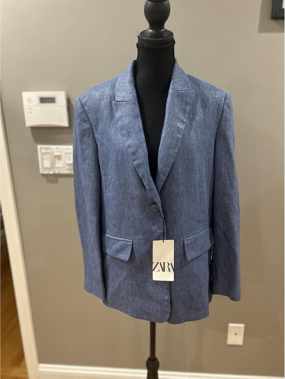 ZARA Blue Linen Blend Blazer Jacket Sz Small - Picture 1 of 9